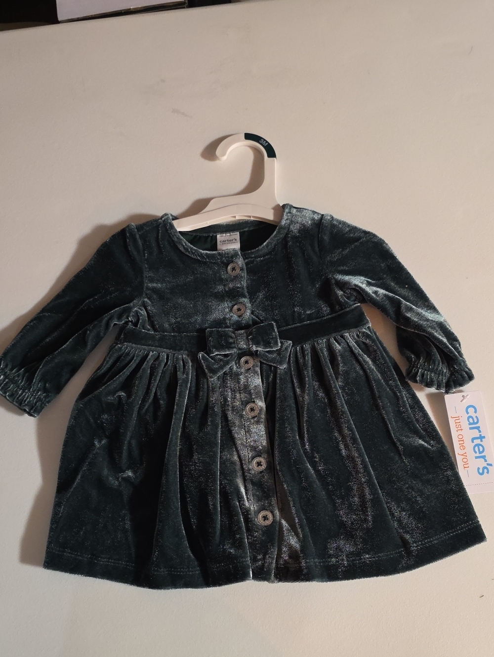 Carter's Dark Teal Velvet Button-Front Dress with Bow